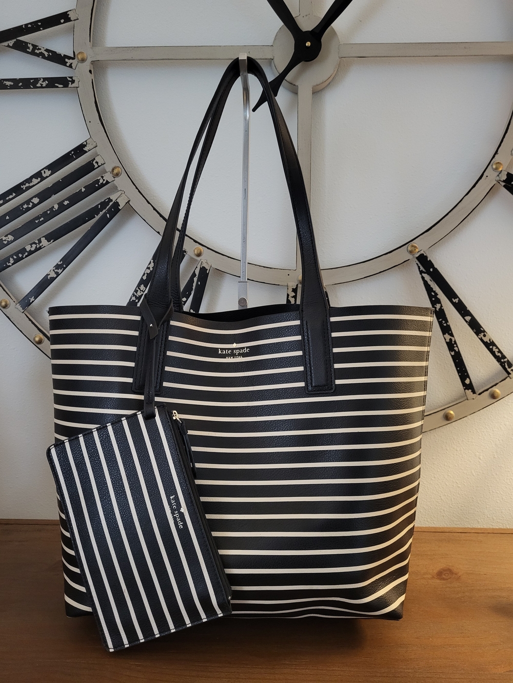 Kate Spade Arch Lauren Reversible Striped Tote with Matching Pouch
